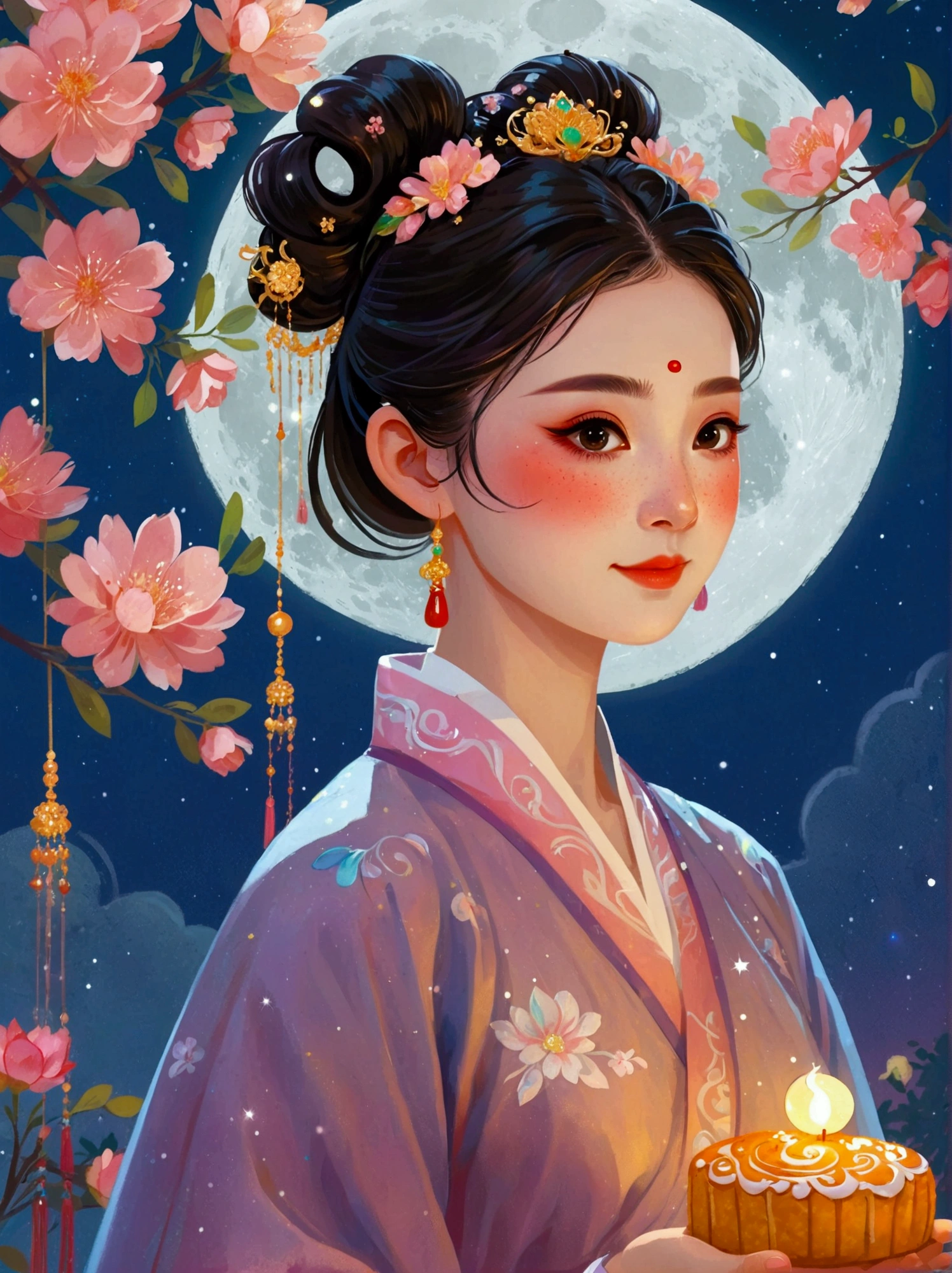 Vibrant Chinese Aesthetics,1 girl wearing Hanfu, iridescent gradient fluorescent ribbons,The clothing looks soft and warm in the moonlight, She stood under the bright moon, Dancing lightly, Surrounded by the tranquil night sky and hazy clouds, There is a round moon cake next to the girl., Looks sweet and delicious, Next to it is a cute rabbit holding another mooncake., Sparkling stars, Colorful flowers, Seems to be enjoying the food of this festival, Vibrant and fun, Exquisite,Light Wave,Tradition,Exquisite,Perfect composition,Ultra HD,Crescent earrings,Raise your eyebrows,Jade Phoenix Branch,Forehead Gem