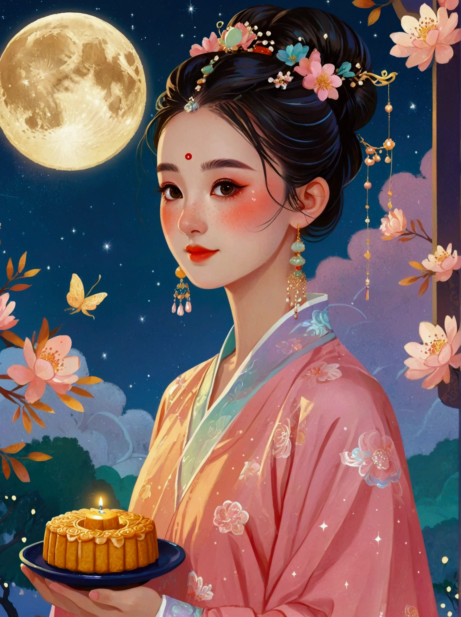 Vibrant Chinese Aesthetics，1 girl wearing Hanfu, iridescent gradient fluorescent ribbons，The clothing looks soft and warm in the moonlight, She stood under the bright moon, Dancing lightly, Surrounded by the tranquil night sky and hazy clouds, There is a round moon cake next to the girl., Looks sweet and delicious, Next to it is a cute rabbit holding another mooncake., Sparkling stars, Colorful flowers, Seems to be enjoying the food of this festival, Vibrant and fun, Exquisite，Light Wave，Tradition，Exquisite，Perfect composition，Ultra HD，Crescent earrings，Raise your eyebrows，Jade Phoenix Branch，Forehead Gem