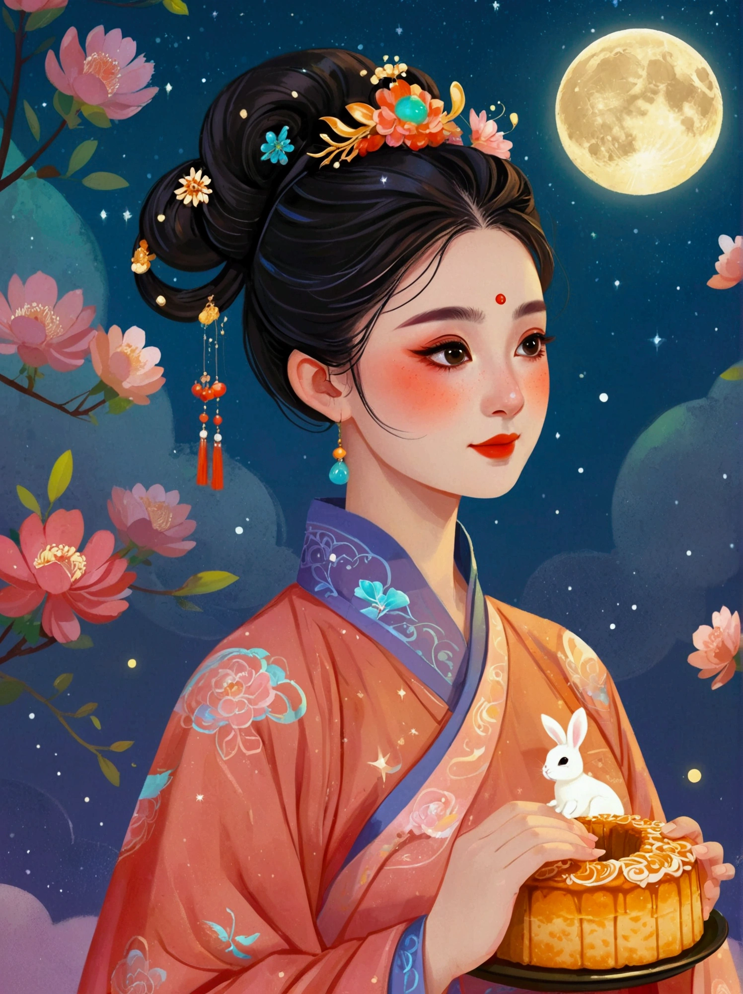 Vibrant Chinese Aesthetics，1 girl wearing Hanfu, iridescent gradient fluorescent ribbons，The clothing looks soft and warm in the moonlight, She stood under the bright moon, Dancing lightly, Surrounded by the tranquil night sky and hazy clouds, There is a round moon cake next to the girl., Looks sweet and delicious, Next to it is a cute rabbit holding another mooncake., Sparkling stars, Colorful flowers, Seems to be enjoying the food of this festival, Vibrant and fun, Exquisite，Light Wave，Tradition，Exquisite，Perfect composition，Ultra HD，Crescent earrings，Raise your eyebrows，Jade Phoenix Branch，Forehead Gem