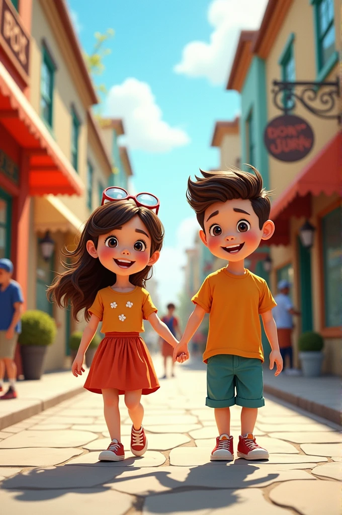 Cartoon brother and sister walking in the street