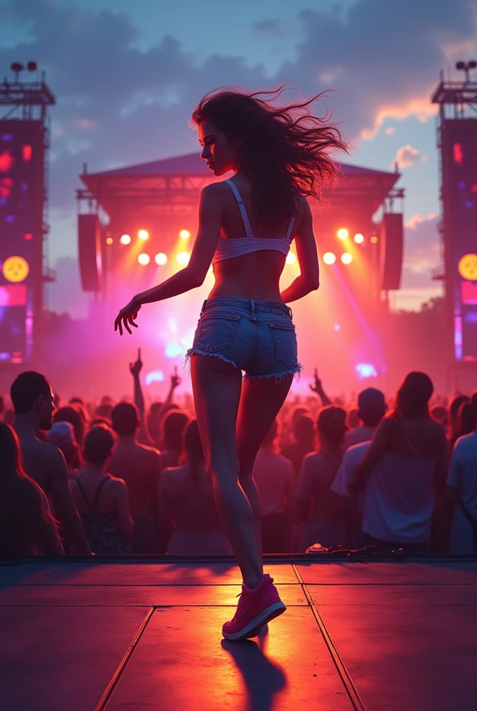 young sexy woman dancing in front of a stage at an outdoor concert