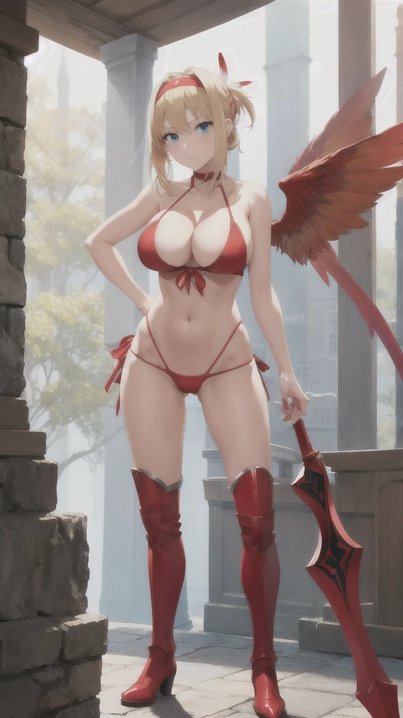 Beautiful blonde with tied hair, blue eyes and big breasts,red headband,cleavage,metal bikini,thong,Thin legs,silver boots,Standing,red sword,Wings,feather,Light