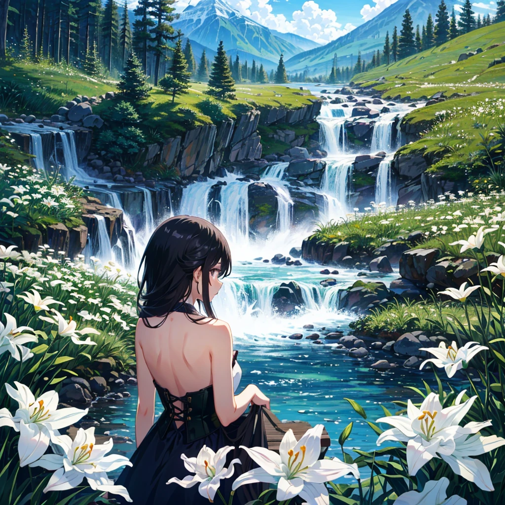 (masterpiece,8k wallpaper, best quality),(best illumination, best shadow, an extremely delicate and beautiful),
A girl with long black hair sits atop a wooden pole,surrounded by white lilies and green grass. In front lies an endless valley filled with waterfalls,a blue sky,and white clouds,in the style of an anime-inspired oil painting with delicate brushstrokes and high resolution.,
1girl, from back, backless dress,,, corset, very long hair,
