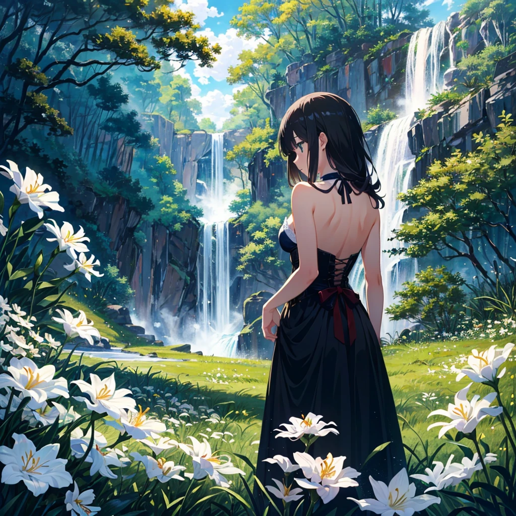 (masterpiece,8k wallpaper, best quality),(best illumination, best shadow, an extremely delicate and beautiful),
A girl with long black hair sits atop a wooden pole,surrounded by white lilies and green grass. In front lies an endless valley filled with waterfalls,a blue sky,and white clouds,in the style of an anime-inspired oil painting with delicate brushstrokes and high resolution.,
1girl, from back, backless dress,,, corset, very long hair,
