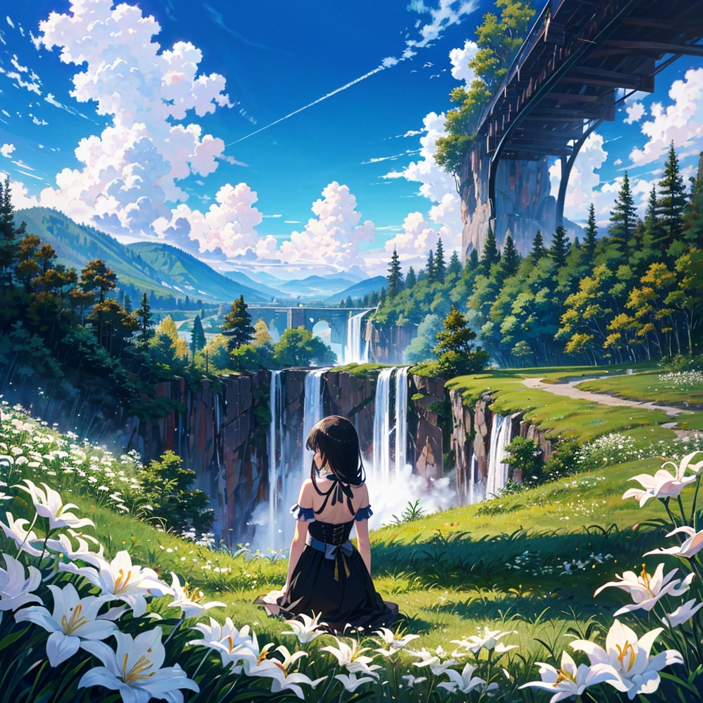 (masterpiece,8k wallpaper, best quality),(best illumination, best shadow, an extremely delicate and beautiful),
A girl with long black hair sits atop a wooden pole,surrounded by white lilies and green grass. In front lies an endless valley filled with waterfalls,a blue sky,and white clouds,in the style of an anime-inspired oil painting with delicate brushstrokes and high resolution.,
1girl, from back, backless dress,,, corset, very long hair,