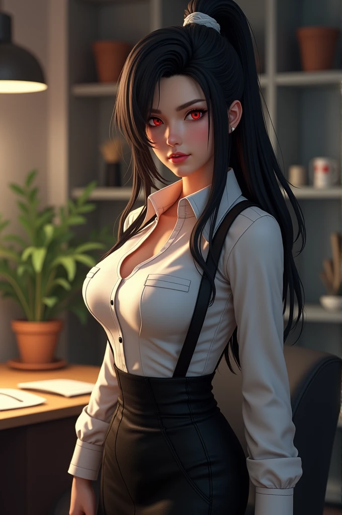 ((1girl, solo ,alone)), ((solo, 1woman, (tifa lockhart, final fantasy vii remake, *see description and examples*,black hair, long hair, red eyes, pink lipstick, woman, lipstick), Extremely detailed, ambient soft lighting, 4k, perfect eyes, a perfect face, perfect lighting, a 1girl)), ((solo, (1woman, lipstick), Extremely detailed, ambient soft lighting, 4k, perfect eyes, a perfect face, perfect lighting, a 1girl)), , ((fitness,, shapely body, athletic body, toned body)), (( woman secretary, business woman, executive woman, white dress shirt, tight skirt, black skirt, black tights, black high heels, stiletto heels, computer, office desk, office, shelves, plant pot, mischievous smile ))