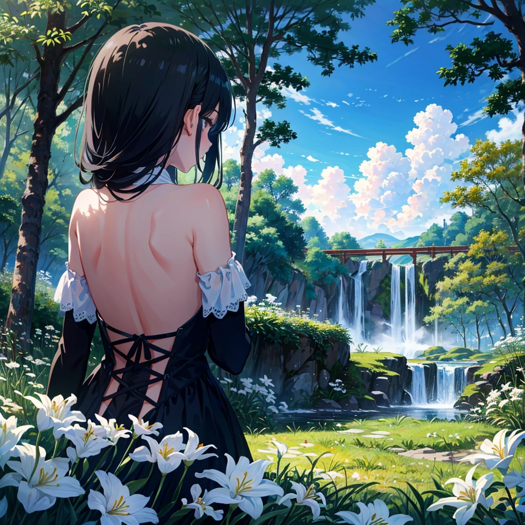 (masterpiece,8k wallpaper, best quality),(best illumination, best shadow, an extremely delicate and beautiful),
A girl with long black hair sits atop a wooden pole,surrounded by white lilies and green grass. In front lies an endless valley filled with waterfalls,a blue sky,and white clouds,in the style of an anime-inspired oil painting with delicate brushstrokes and high resolution.,
1girl, from back, backless dress,,, corset, very long hair,