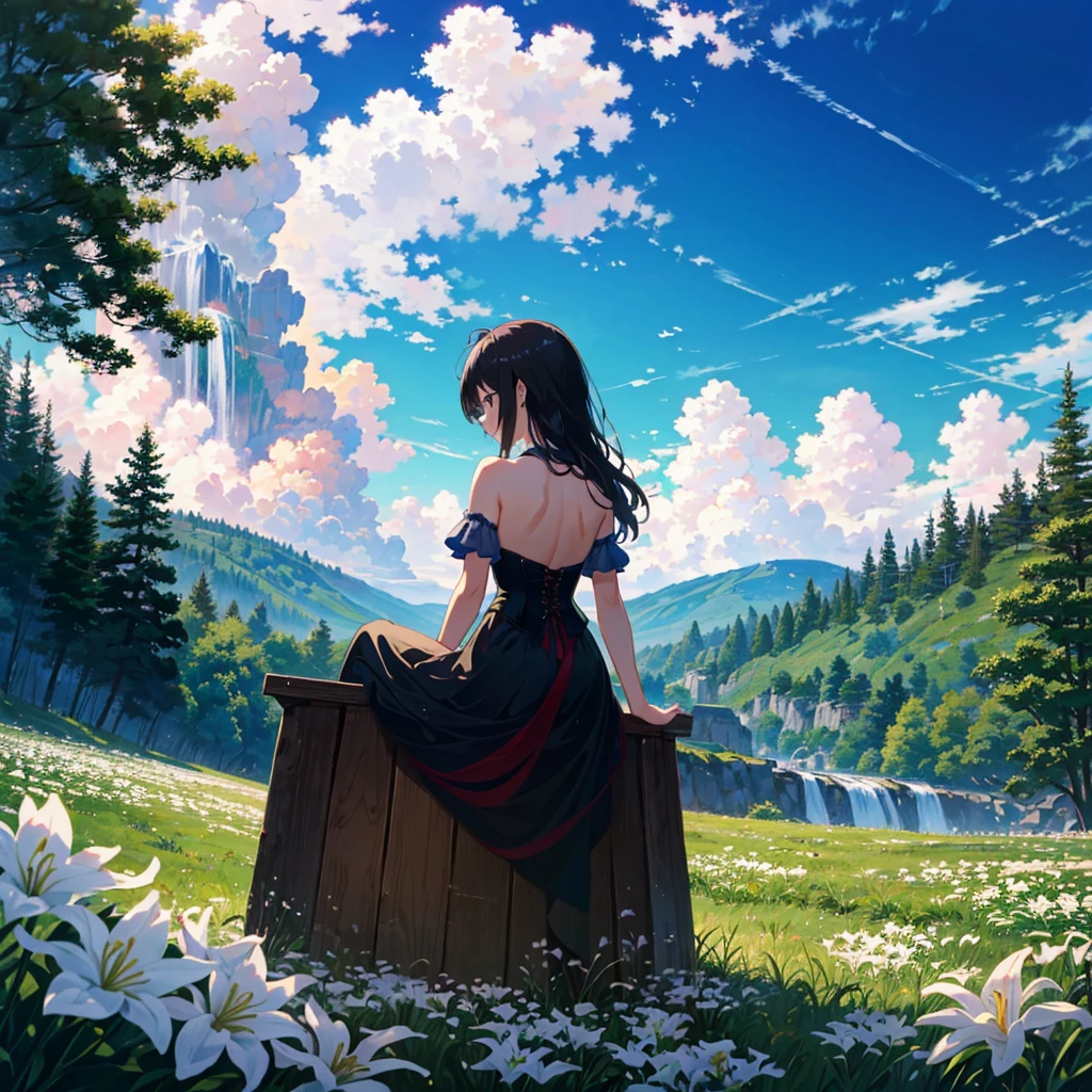 (masterpiece,8k wallpaper, best quality),(best illumination, best shadow, an extremely delicate and beautiful),
A girl with long black hair sits atop a wooden pole,surrounded by white lilies and green grass. In front lies an endless valley filled with waterfalls,a blue sky,and white clouds,in the style of an anime-inspired oil painting with delicate brushstrokes and high resolution.,
1girl, from back, backless dress,,, corset, very long hair,