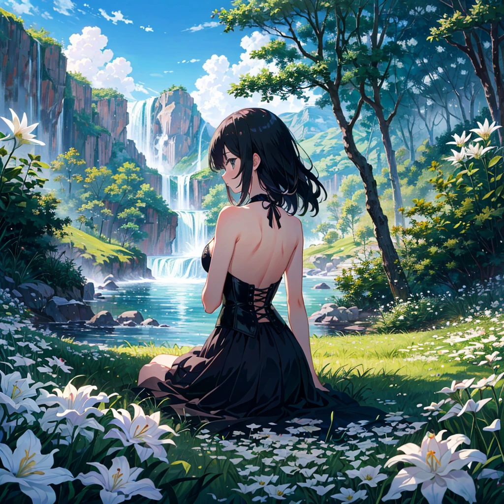 (masterpiece,8k wallpaper, best quality),(best illumination, best shadow, an extremely delicate and beautiful),
A girl with long black hair sits atop a wooden pole,surrounded by white lilies and green grass. In front lies an endless valley filled with waterfalls,a blue sky,and white clouds,in the style of an anime-inspired oil painting with delicate brushstrokes and high resolution.,
1girl, from back, backless dress,,, corset, very long hair,