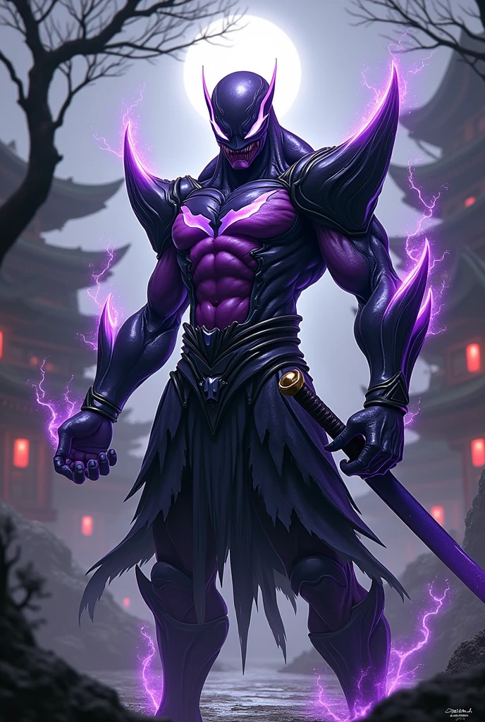 Draw a fusion of Venom and a Japanese samurai。High proportion of Frieza。Super Saiyan、Purple、Japanese sword