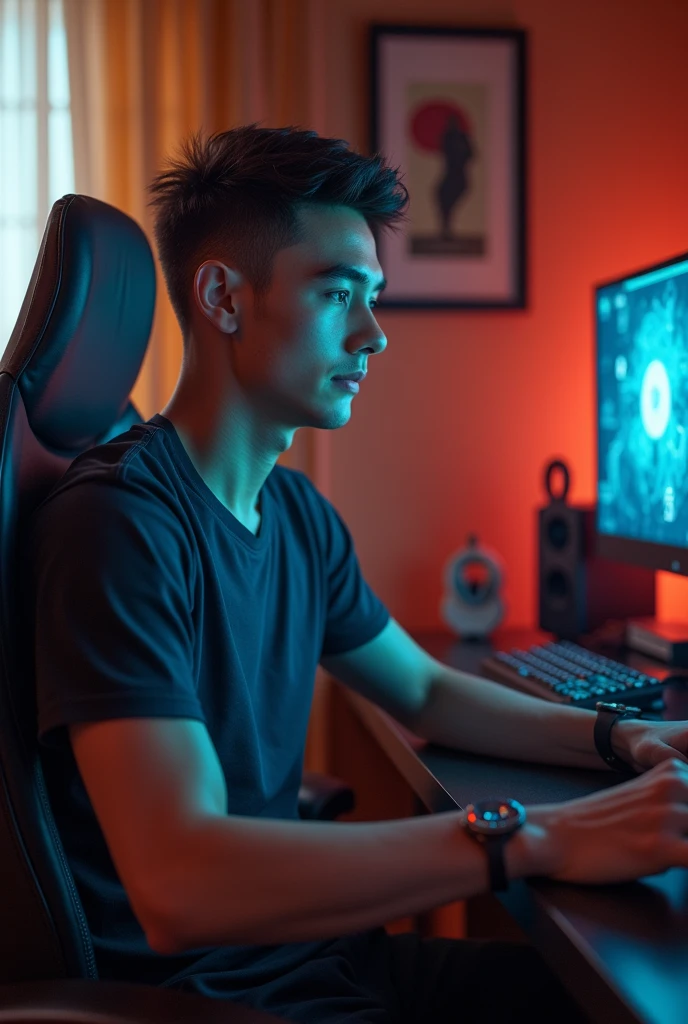 Homme, jeune (24 ans),brun, gamer, sexy, qui joue a league of legend, decoration de la piece moitie ancienne moitier gaming