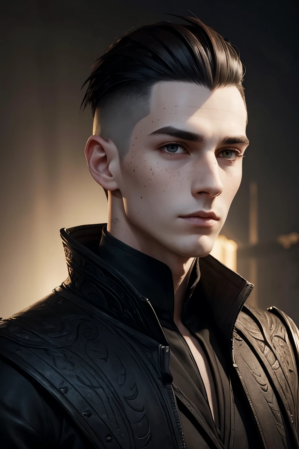 Portrait of a male warlock with an undercut. Extremly pale skin. Liverspots. A narrow and soft face. Long forehead. Very thin barely visible eyebrows. Upturned dark-brown eyes. A very long and wide nose. Curved lips. Freckles. Very short dark-brown hair. An undercut. Sides shaved. Long neck. Wearing black warlock clothing. Background black.