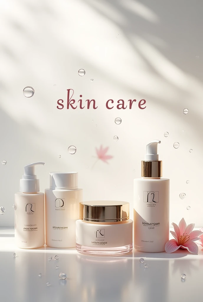 Design an elegant image featuring a collection of high-end skincare products arranged centrally. Include items like moisturizers, creams, and lotions with sleek, modern packaging. Place the products against a clean, minimal background, allowing the focus to remain on their design and quality. In the middle of the image, add the text 'Skin Care' in a refined, stylish font that complements the overall aesthetic. Use soft lighting and subtle elements, such as a gentle glow or water droplets, to evoke a sense of hydration, luxury, and rejuvenation