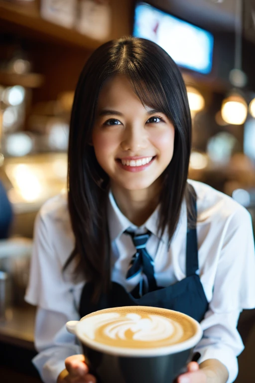 (8k, RAW photo, best quality, masterpiece), (photorealistic), outstanding details, ultra-high resolution, anatomically correct, textured skin, (Extremely precise and accurate anatomy),
Ultra Detailed Face, Detailed Eyes, 

 1 Girl, barista uniform, forehead, pulled back hair, 
(Cute Japanese girl , 20-year-old), light smile,
cinematic lighting in the hair, hair light, wind in the hair,
(open cafe), 

(backlighting), 
(reflection light from below:1.4), 
atmospheric perspective, depth of field, 
(dramatic lighting), cinematic lighting, 