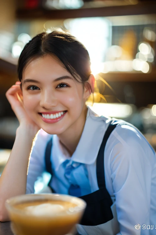 (8k, RAW photo, best quality, masterpiece), (photorealistic), outstanding details, ultra-high resolution, anatomically correct, textured skin, (Extremely precise and accurate anatomy),
Ultra Detailed Face, Detailed Eyes, 

 1 Girl, barista uniform, forehead, pulled back hair, 
(Cute Japanese girl , 20-year-old), light smile,
cinematic lighting in the hair, hair light, wind in the hair,
(open cafe), 

(backlighting), 
(reflection light from below:1.4), 
atmospheric perspective, depth of field, 
(dramatic lighting), cinematic lighting, 