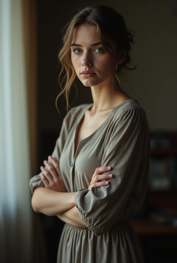 A Polish female university student. She's wearing some modest dress because she's Catholic. She has ample chest and feminine feature. She's 20 years old. She has blue eyes
