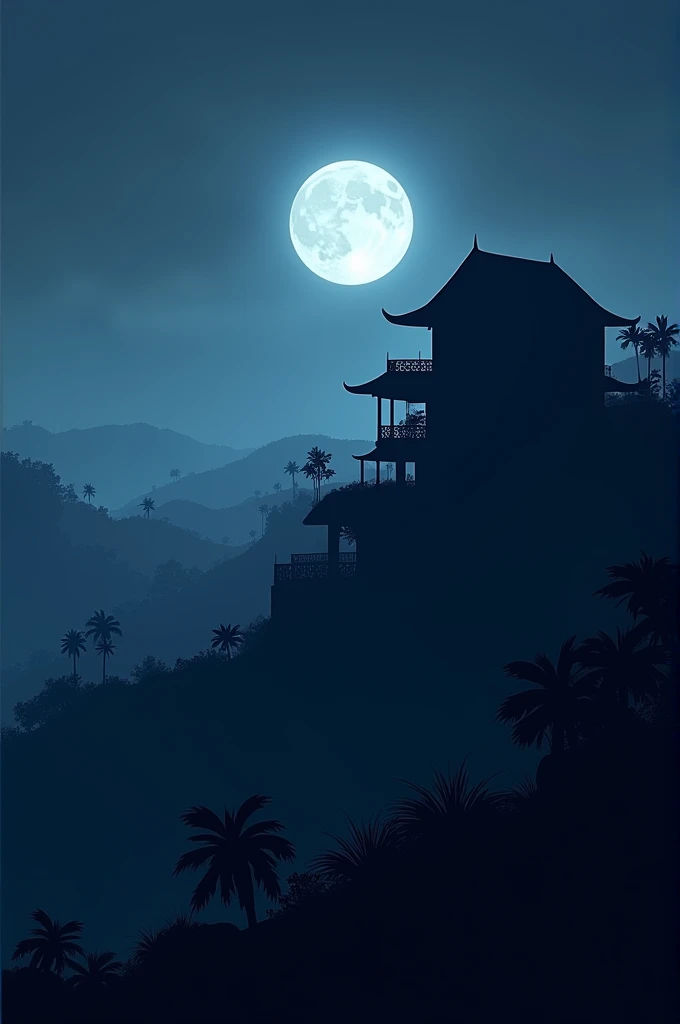 Night, silhouette of a double storey house in kerala, hilly area