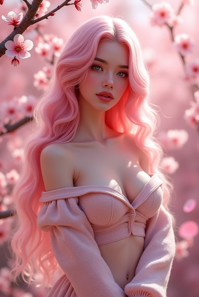 1girl, 1,(cute girl:1.2), (nsfw:1.4),large breasts,slim, back light,(puffy pussy:1.3),perfect body,High quality texture, intricate details, detailed texture, High quality shadow,red lips,long hair,pink hair,off shoulder sweater, innocent, landscape, sakura, in full bloom, sakura petals in the air ,pale skin,extremely detailed CG unity 8k wallpaper, bokeh, sharp focus on subject, standing,super model, pose,romantic,