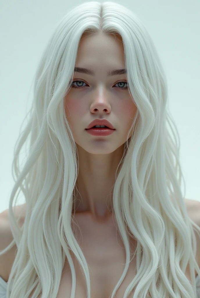 ((Top Quality, 8k, Masterpiece: 1.3)), Beauty, 1 Girl, Beautiful, Slender Abs, Long white Hair, Ultra Detailed Face, Highly Detailed Lips, Detailed Eyes, Double Eyelids, athletic body, small breasts, naked, topless, black background