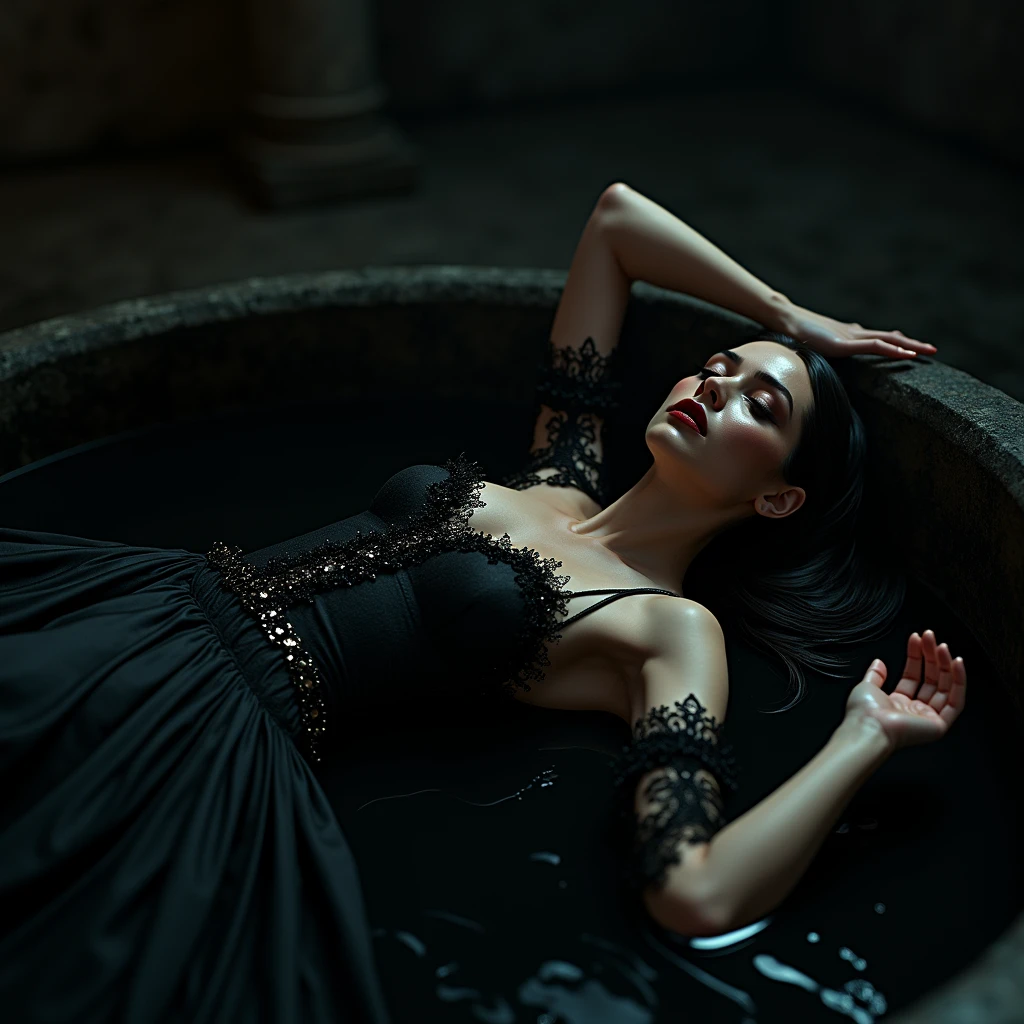 a chic ensemble stylish gotrhic woman in a dark black gothic baroque mess dress recline bathing inblack sludge pool (best quality,4k,8k,highres,masterpiece:1.2),ultra-detailed,(realistic,photorealistic,photo-realistic:1.37),HDR,UHD,studio lighting,ultra-fine painting,sharp focus,physically-based rendering,extreme detail description,professional,vivid colors,bokeh,portrait,high fashion,elegant,glamorous,cinematic,dramatic lighting,moody,mysterious,sensual,sophisticated