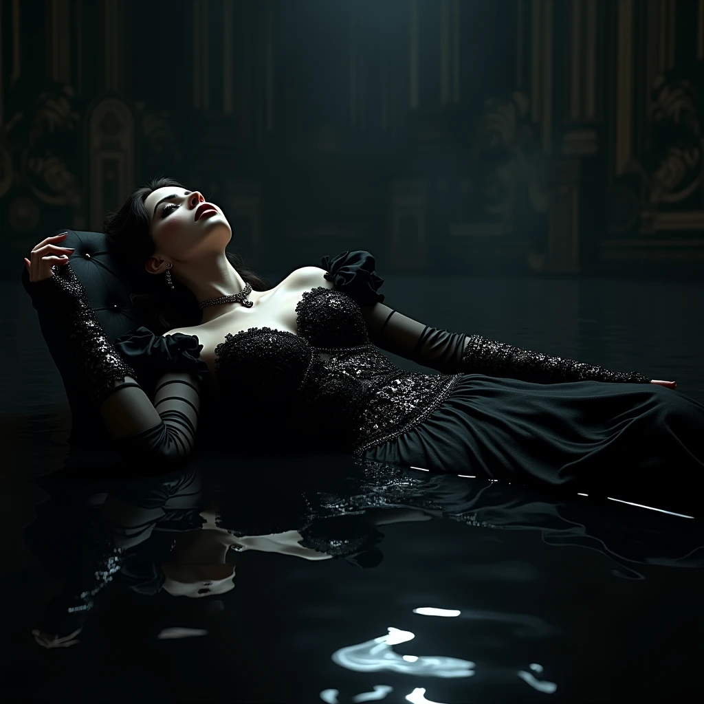a chic ensemble stylish gotrhic woman in a dark black gothic baroque mess dress recline bathing inblack sludge pool (best quality,4k,8k,highres,masterpiece:1.2),ultra-detailed,(realistic,photorealistic,photo-realistic:1.37),HDR,UHD,studio lighting,ultra-fine painting,sharp focus,physically-based rendering,extreme detail description,professional,vivid colors,bokeh,portrait,high fashion,elegant,glamorous,cinematic,dramatic lighting,moody,mysterious,sensual,sophisticated