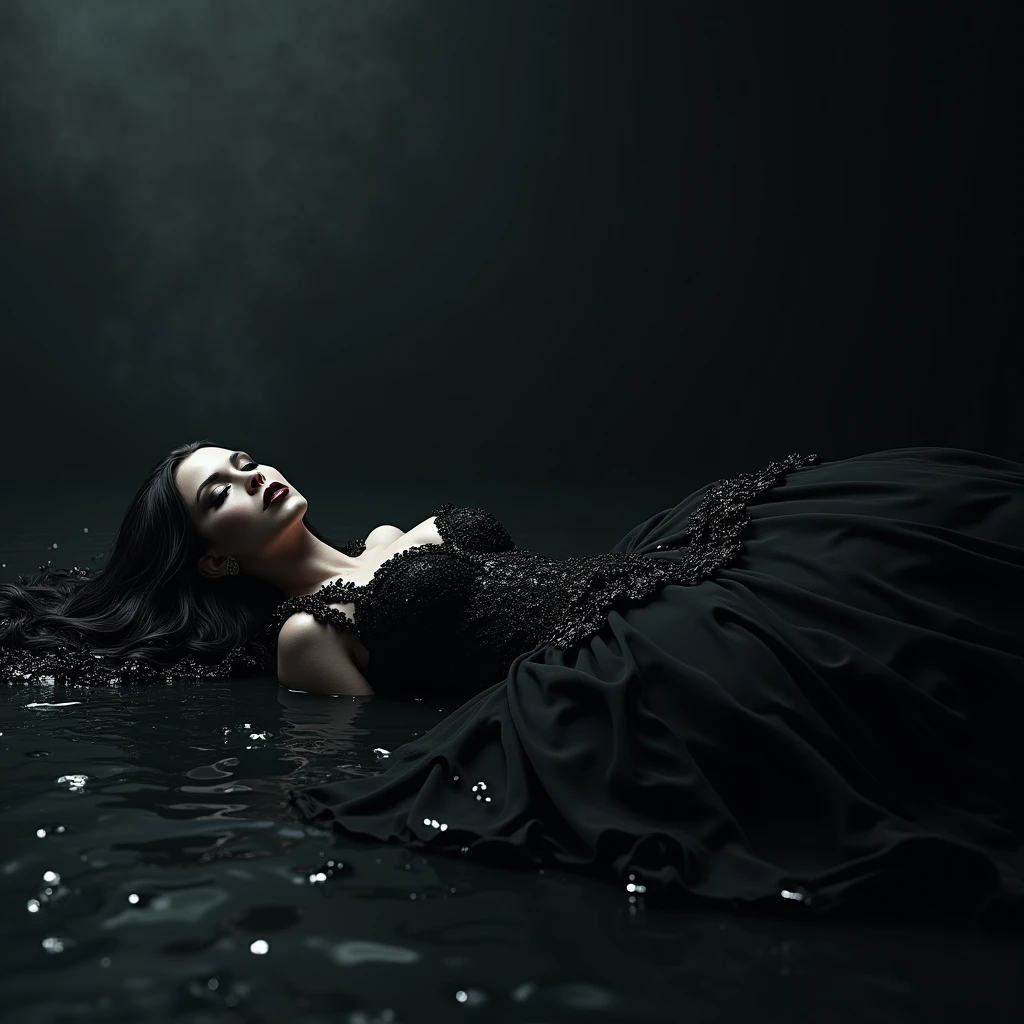 a chic ensemble stylish gotrhic woman in a dark black gothic baroque mess dress recline walking eleganty quaint in inblack sludge pool (best quality,4k,8k,highres,masterpiece:1.2),ultra-detailed,(realistic,photorealistic,photo-realistic:1.37),HDR,UHD,studio lighting,ultra-fine painting,sharp focus,physically-based rendering,extreme detail description,professional,vivid colors,bokeh,portrait,high fashion,elegant,glamorous,cinematic,dramatic lighting,moody,mysterious,sensual,sophisticated
