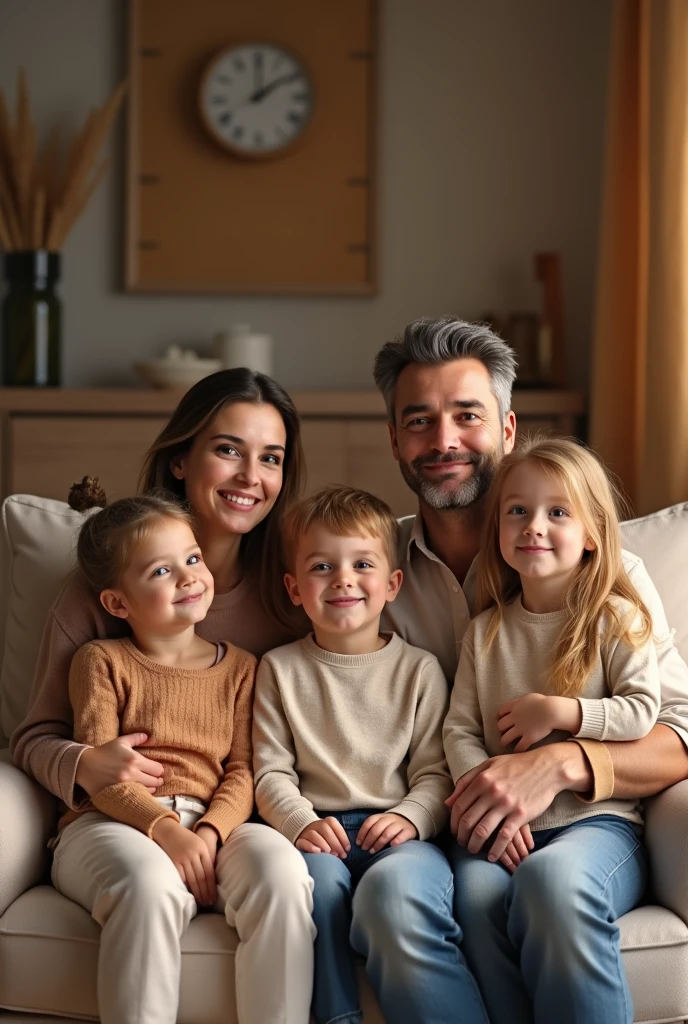 two daughters and one son on sofa with father and mother