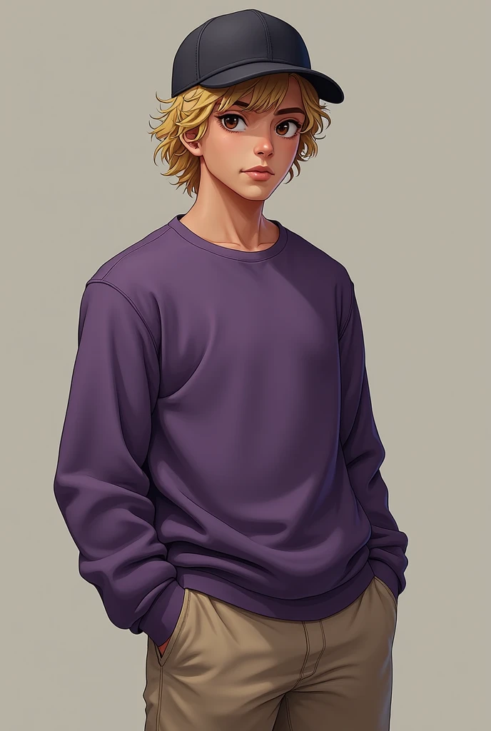 A young male with a little muscle, but not too much, of a 1,77 tall, brown dark eyes, curly blonde hair with half-dead eyes and a little dark circles, cosplaying as an npc from the Ballas gang from GTA San Andreas in a purple blouse and beige pants with a flat-brimmed cap
