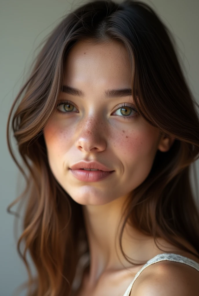 Ultra realistic phots portrait of a Brunette with straight hair, european, no makeup, few freckles, meticulous detailed, highly detailled, 4k, high resolution, award winning photography