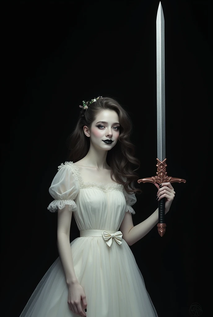 A girl in a white wedding dress with a white bow at the waist and bow motifs on the skirt. The girl is pale, made up with greyish tones. Deep black eyes with eyelashes and a black lipstick. The girl smiling, while a large sword with purple smoke floats beside him. I want the girl and the sword to be in a pure black place, and put the name of above " Daisy, The dangerous dwarf" in a fun font style but with muted colors and blood