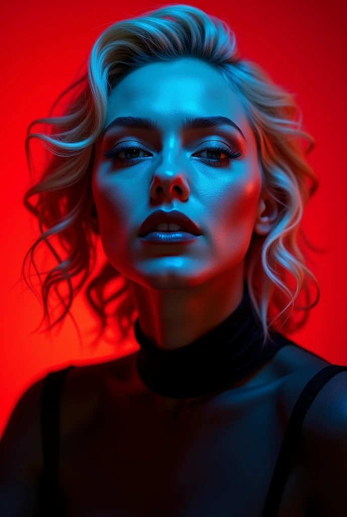 Portrait of Madonna with blue amber lights illuminating most of it and lights coming from below in a studio with an empty red background studio lights