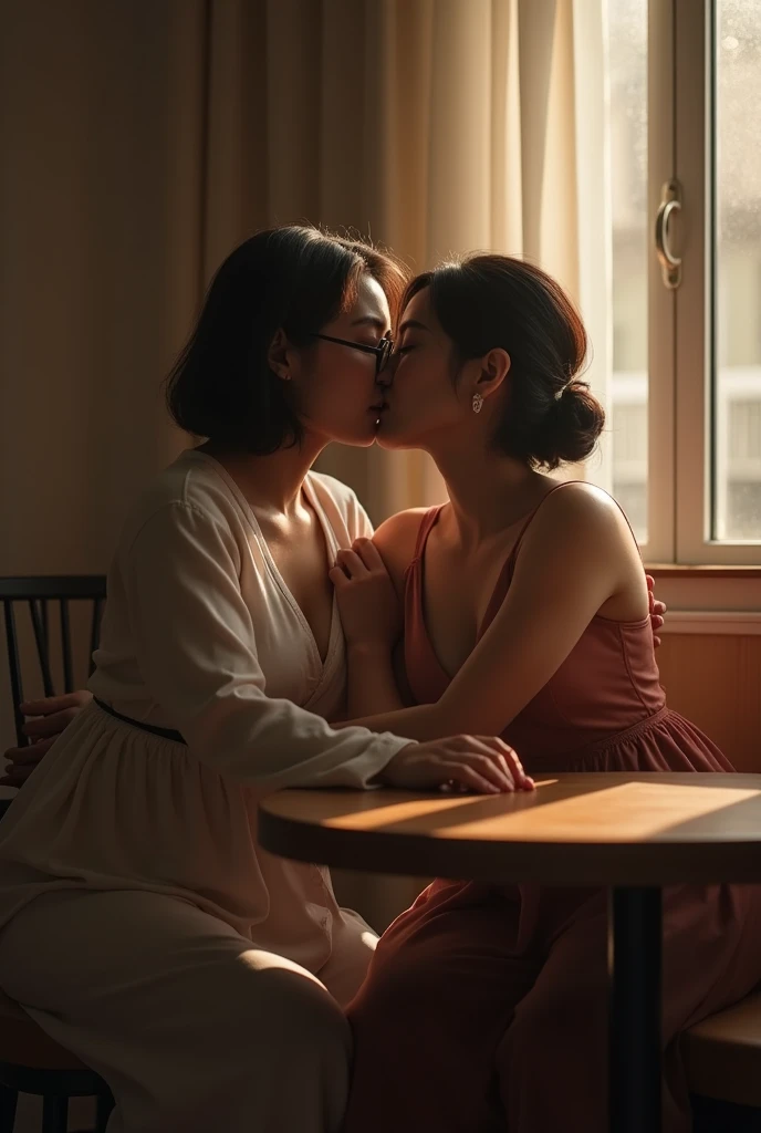 beautiful 35 yo indonesian hijab teacher wearing glass,pajama,pale eyes,sat on the table,hug from.behind by a 20 yo woman,,short hair,wearing longdres,kissing,front view