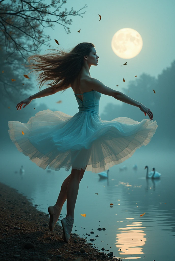 Highest quality, flying debris, Beautiful mature woman、Beautiful Face、Strong-willed woman、Ballet Dancer、(Brown Hair、Brown eyes)、Long Hair、Magazine Style,Full Body Shot、The lake of swan、break(White and light blue ballet dress:1.2)、break((The lake of swan))、(night、full moon、The fog is thick.:1.2)