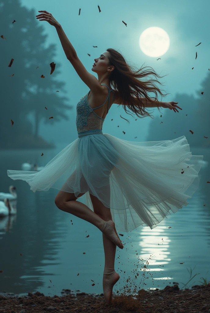 Highest quality, flying debris, Beautiful mature woman、Beautiful Face、Strong-willed woman、Ballet Dancer、(Brown Hair、Brown eyes)、Long Hair、Magazine Style,Full Body Shot、The lake of swan、break(White and light blue ballet dress:1.2)、break((The lake of swan))、(night、full moon、The fog is thick.:1.2)、((JUMP))