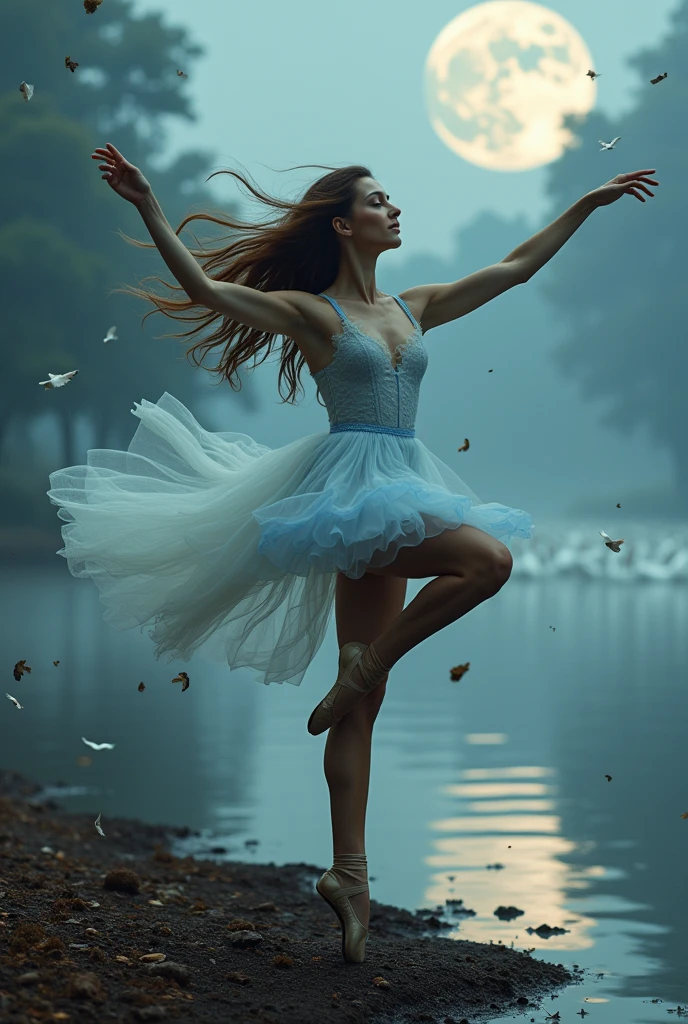 Highest quality, flying debris, Beautiful mature woman、Beautiful Face、Strong-willed woman、Ballet Dancer、(Brown Hair、Brown eyes)、Long Hair、Magazine Style,Full Body Shot、The lake of swan、break(White and light blue ballet dress:1.2)、break((The lake of swan))、(night、full moon、The fog is thick.:1.2)