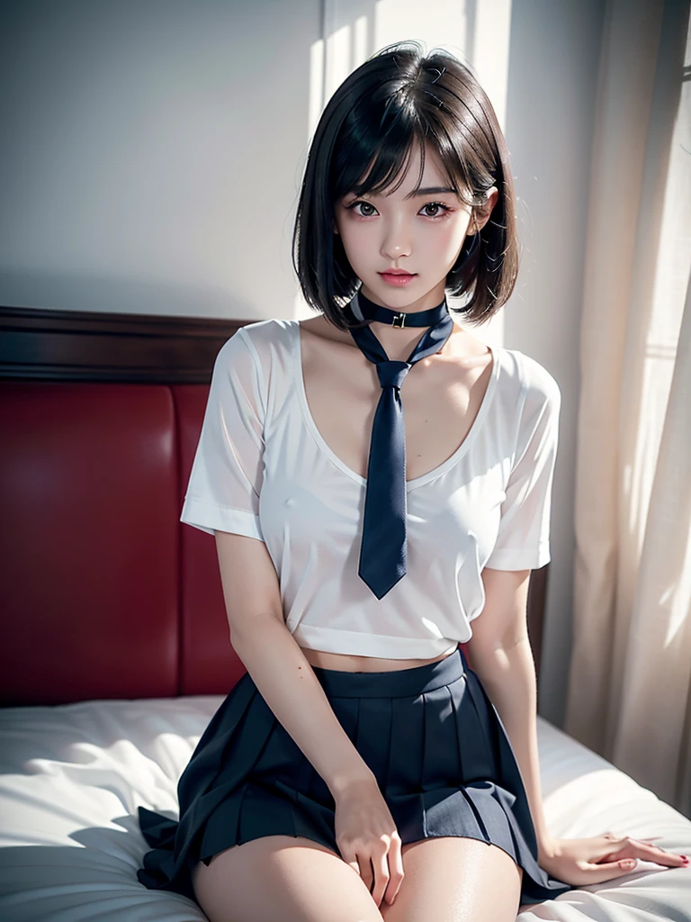 realism pov bed in wet figure fingertips touch own lips with self hand while kneering down and positive approaching for a kiss neat pure beauty girl is beautiful japanese female and beautiful russian female mixed race only in the face age is 15 features of the whole body black hair medium straight bob cut hair style beautiful small face with short eyelashes boyish eyes only high nose dark blue pupils very thin upper lip milky white skin accurate attractive body shape beautiful nomal size bust waist hips thighs knees legs choker and tie on neck take off school uniform with dark blue skirt half opend eyes shy enamored face kindly and slight