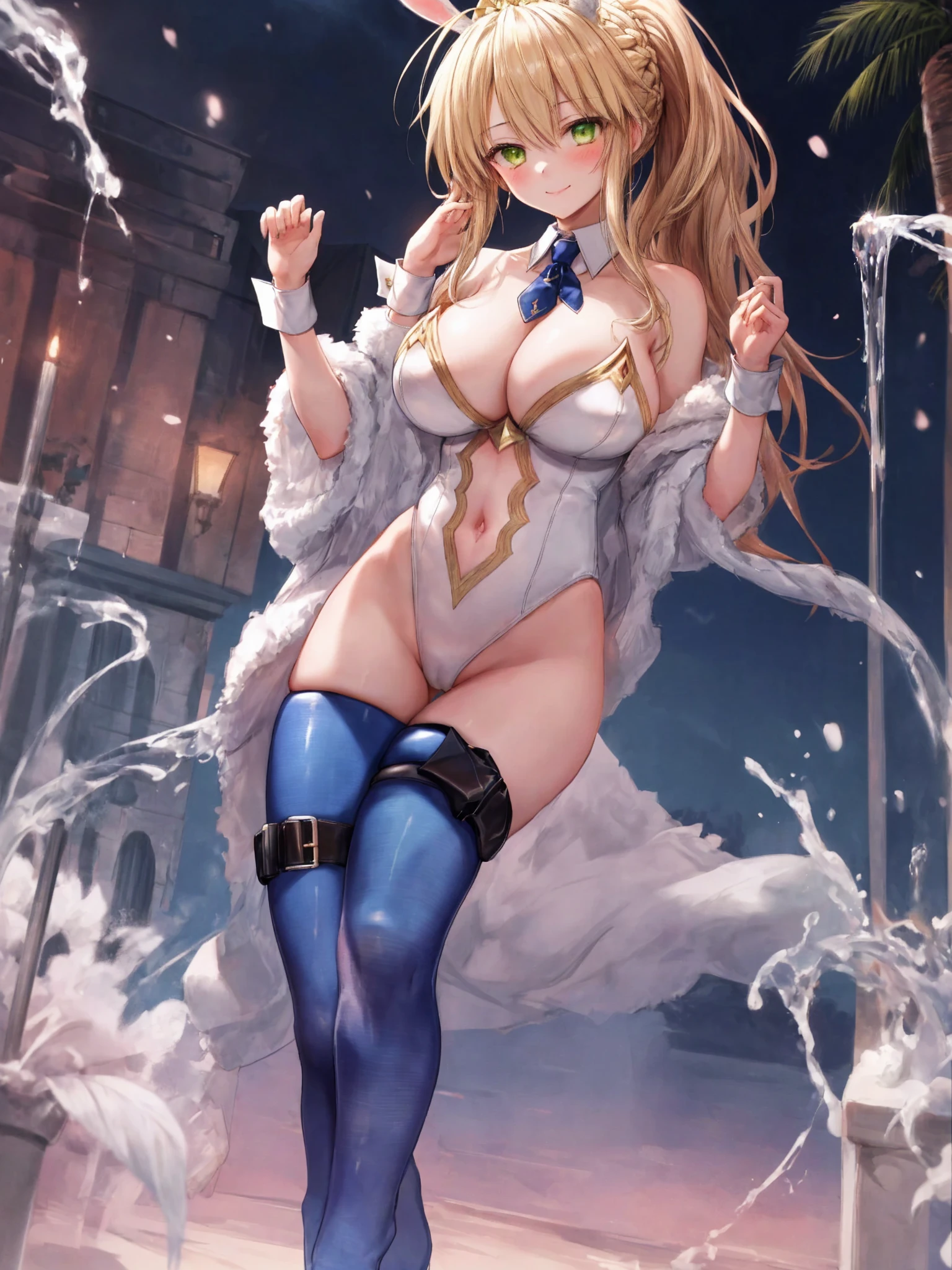 masterpiece, best quality, absurdres, soft lighting, looking at viewer, solo, light_smile, shy,
1girl, ahoge, rabbit ears, playboy bunny, artoria pendragon \(swimsuit ruler\) \(fate\), large breasts , blonde hair, green eyes, french braid, pony tail
bare shoulders, large breasts , cleavage,
clothing cut out, wrist cuffs, detached collar, navel cutout, feather boa,
white leotard, blue necktie, blue pantyhose, single thigh strap, hands_on_head,put_hands_up,
squat,gorgeous_fountain_landscape_background,solo,rabbit_posing,large_thighs,Extend_fingers,palm,open_legs,.solo