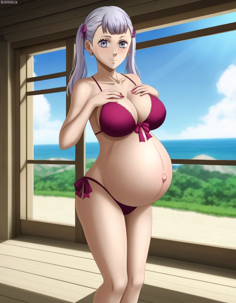 noelle_blackclover, Noelle Silva, Black Clover, long silver hair, waist-length hair, half-up half-down hairstyle, ribbon, side-parted bangs, almond-shaped blue eyes, high-quality, ultra-detailed, beast quality, 8K resolution,
looking at viewer, dutch angle, cowboy shot, smile, pregnant belly, large belly, big belly, big Breasts, belly button, Earrings,
1girl,solo, indoors, beach, happy, Smiling, rub belly, selfing,
full body, Nail polish,