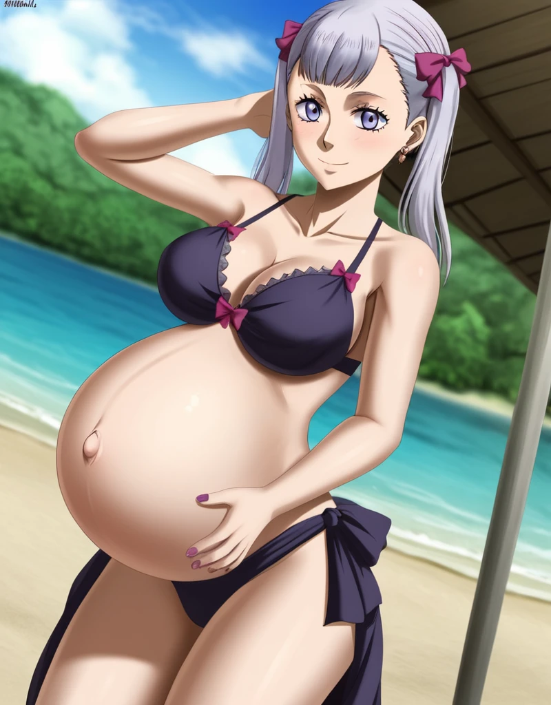 noelle_blackclover, Noelle Silva, Black Clover, long silver hair, waist-length hair, half-up half-down hairstyle, ribbon, side-parted bangs, almond-shaped blue eyes, high-quality, ultra-detailed, beast quality, 8K resolution,
looking at viewer, dutch angle, cowboy shot, smile, pregnant belly, large belly, big belly, big Breasts, belly button, Earrings,
1girl,solo, indoors, beach, happy, Smiling, rub belly, selfing,
full body, Nail polish,