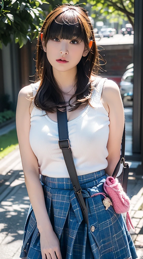  Highest quality, shape, Very detailed, finely, High resolution, 8k wallpaper, Perfect dynamic composition, Beautiful and exquisite,  Natural Lip, whole body, front,Shyness、Embarrassed expression、(Huge breasts:1.4)、Slightly sagging breasts、Pleated skirt、((Looking into the camera))、sweater、(((1 crossbody bag)))、Sleeveless sweater,Straps to be placed between the breasts, The shoulder straps pass through the chest, bag, 