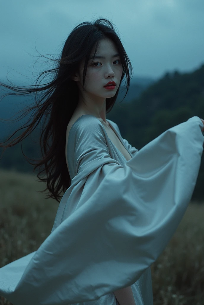 (RAW photo) , (detailed eyes:1.10) , (insane details), japanese , cute, 20 years old, long 
windswept hair , red lips , ((((billowing silver satin cape tied at the neck:1.20)))+++, 
((naked:1.20))++ , windy hillside, night , photo, realistic, best quality, hires, detailed face, 
detailed background, Full body shot , depth of field