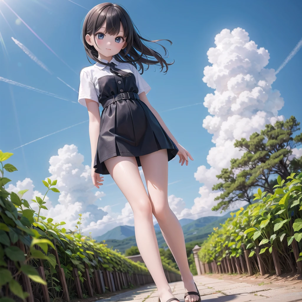 (masterpiece),  town,  blue sky,  One Girl,  smile,  alone,  Sailor suit、Long skirt,  Overgrown,  petal,  plant、Skirt lining、Translucent slip