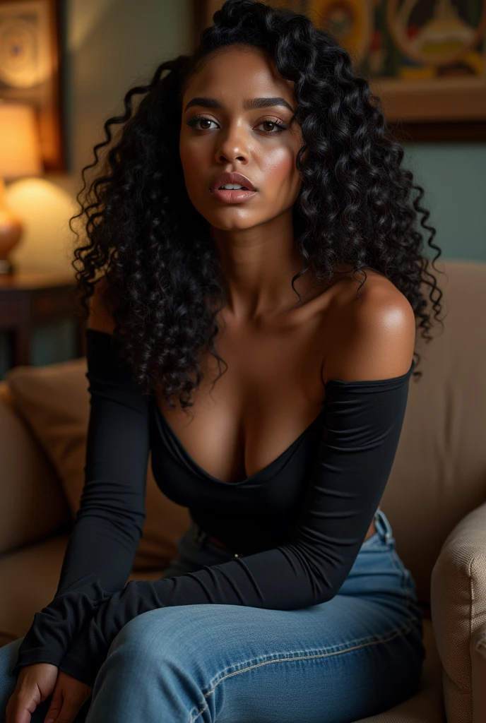 Generate a beautiful black woman with a curvy body wearing a long sleeved top and jeans with angry and sad facial expression sitting on a sofa with nice interior 