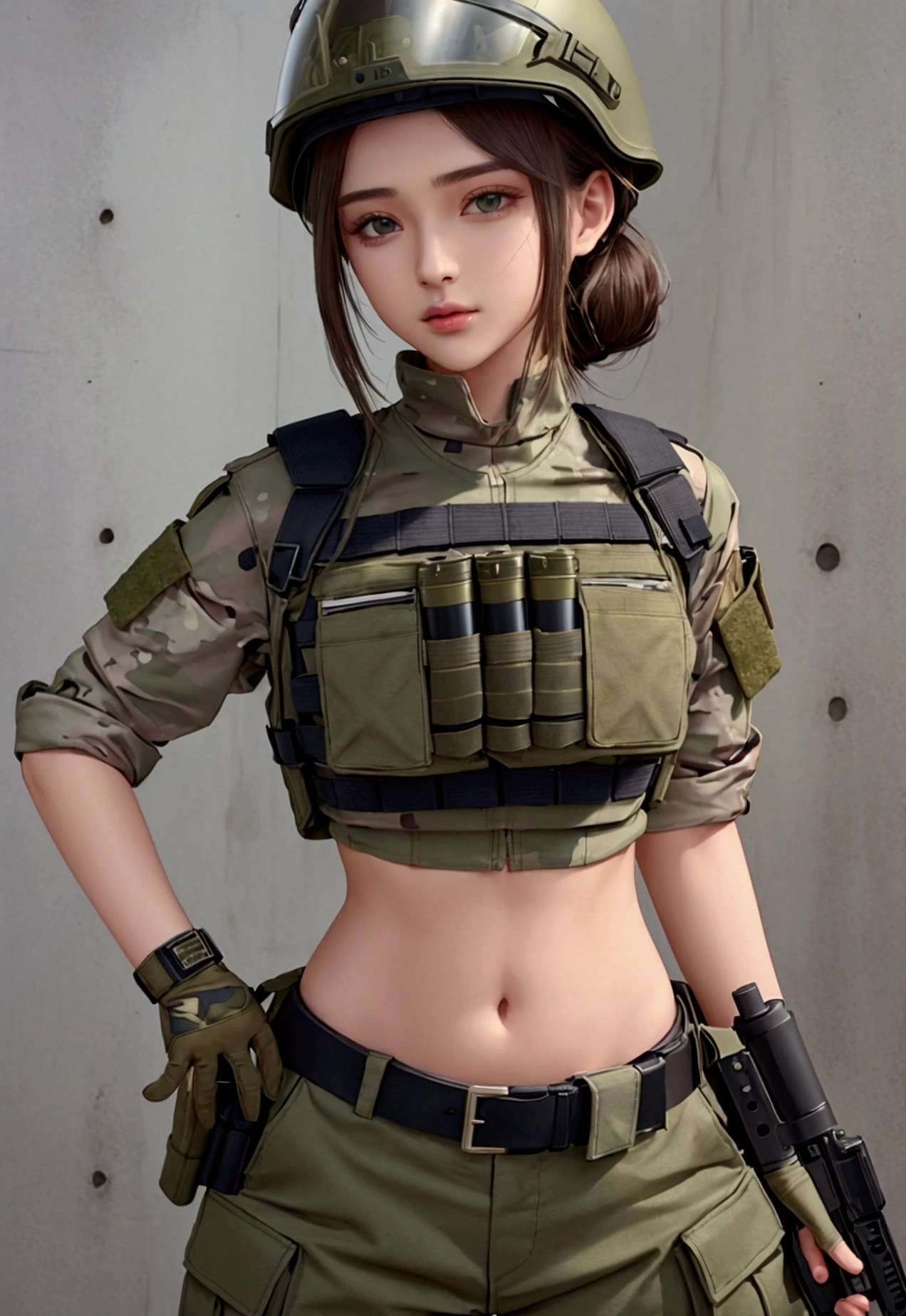 girl in crop top military bulletproof vest , military green cargo pants, belt, military helmet, tactical, (open navel), see through close belly