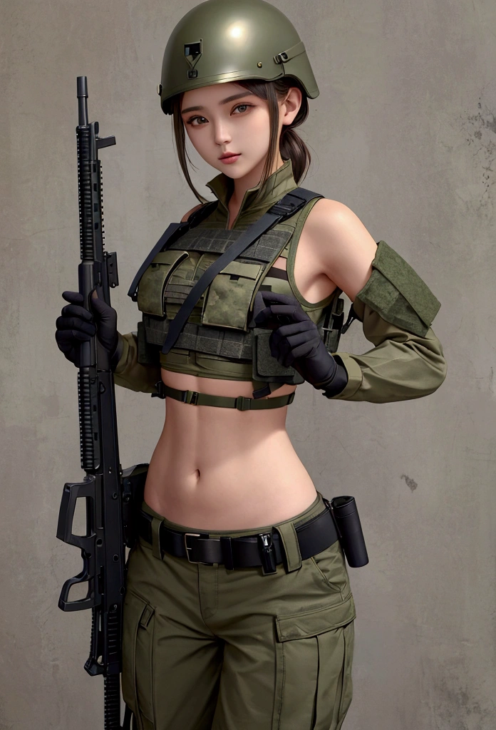 girl in crop top military bulletproof vest , military green cargo pants, belt, military helmet, tactical, (open navel), see through close belly
