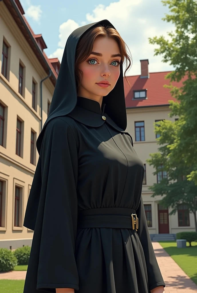 A Polish female university student. She's wearing some modest dress because she's Catholic. She has ample chest and feminine feature. She's 20 years old. She has blue eyes. She's in the university.