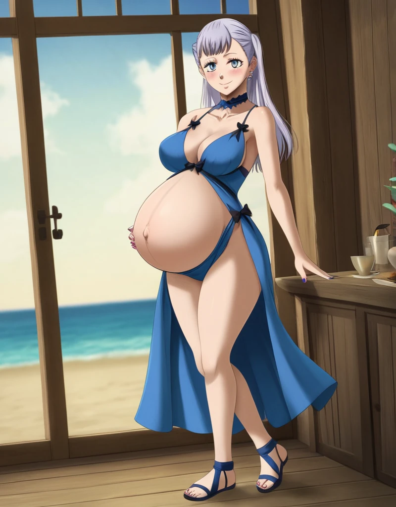 noelle_blackclover, Noelle Silva, Black Clover, long silver hair, waist-length hair, half-up half-down hairstyle, ribbon, side-parted bangs, almond-shaped blue eyes, high-quality, ultra-detailed, beast quality, 8K resolution,
looking at viewer, dutch angle, cowboy shot, smile, pregnant belly, large belly, big belly, big Breasts, belly button, Earrings,
1girl,solo, indoors, beach, happy, Smiling, rub belly, selfing,
full body, Nail polish,