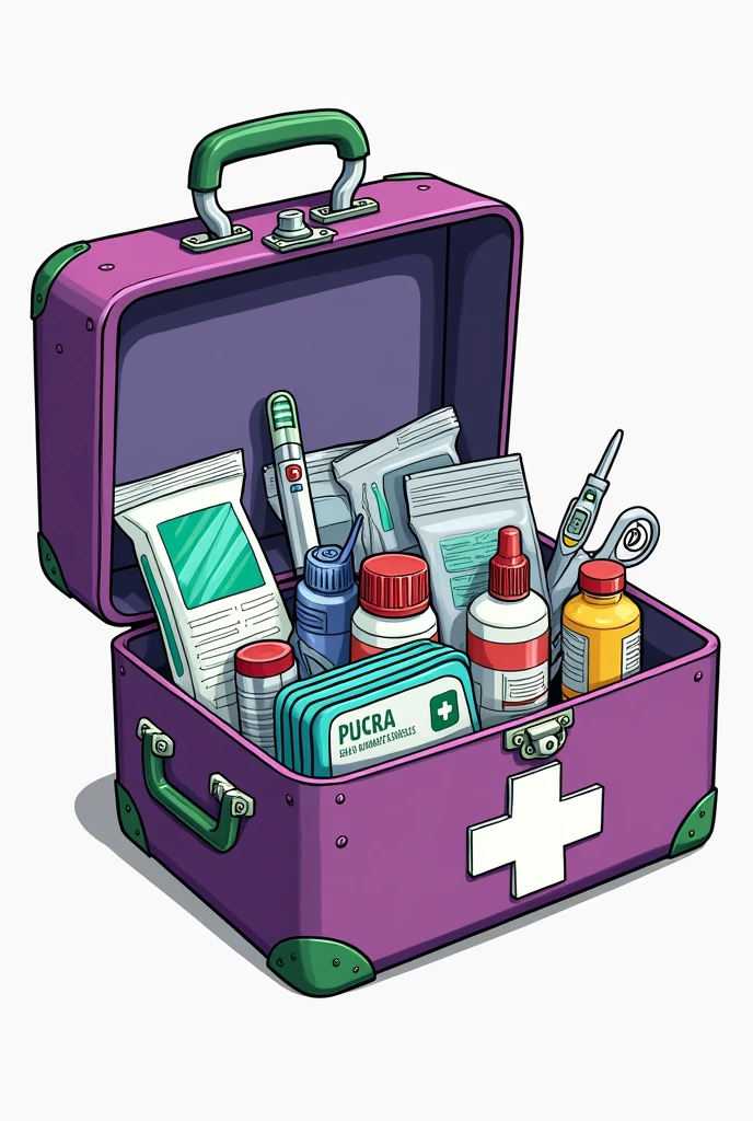 detailed illustration of a first aid kit. The kit is a purple case with a metal handle and clasps and green details.. On the front of the case, there is a big white cross symbol, indicating that it is a first aid kit.
Inside the suitcase, various medical items are visible and organized. We can see a thermometer, Medicine Bottles, a pair of scissors, rolled bandages, a small blue box (probably containing dressings), and other common items in emergency kits, as sprays or ointments.
The illustration is stylized and features bright colors., with shading and brightness that give a three-dimensional feel to objects. The art has a cartoon style, making it visually appealing and clear, likely aimed at an audience that needs simple visual instructions on the contents of a first aid kit.