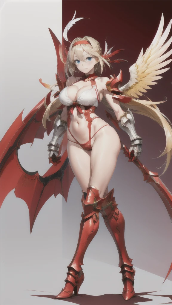 Beautiful blonde with tied hair, blue eyes and big breasts，red headband，cleavage，bikini armor，thong，Thin legs，silver boots，Standing，red sword，Wings，feather，Light