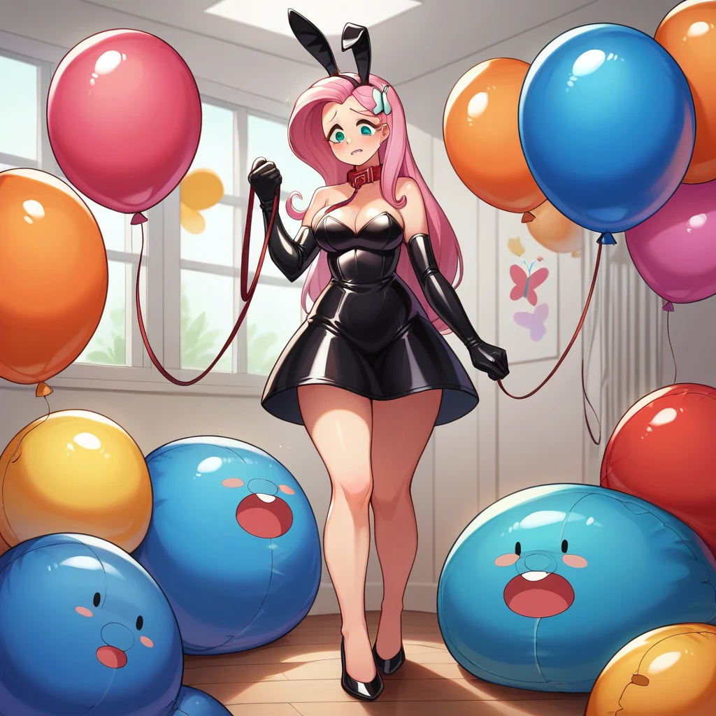 BDSM, colorful balloons, balloon fetish, inflatables, looner, femdom mistress mlpfluttershy in black latex dress and high heels walking the slave on a leash and in inflatable latex suit with inflatable collar and balloons suit, feet worship, medium naked thighs, medium breasts, hair ornament, fake bunny ears, perfect feet, balloons everywhere, huge inflatable toys around, inside inflatable room, inflatable balloon bondage, pear type of body shape, perfect face